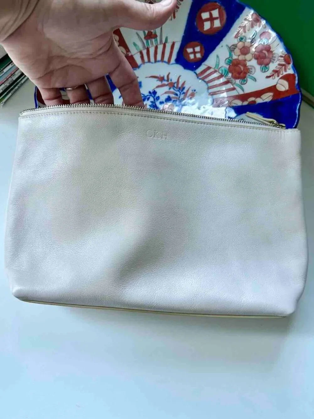 NWT Leatherology Full Grain Italian Leather Large Accessory Pouch Ivory Smooth